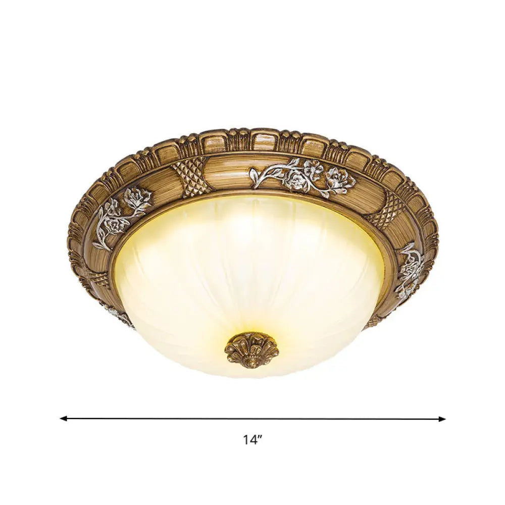Traditional Led Ceiling Mounted Bedroom Light In Brown With Bowl Shade Tan Glass - Available