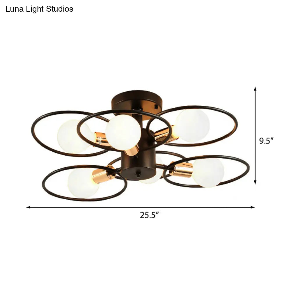 Traditional Metal Semi-Mount Ceiling Light Fixture Ring Bedroom Lighting 3/6/9 Lights Black