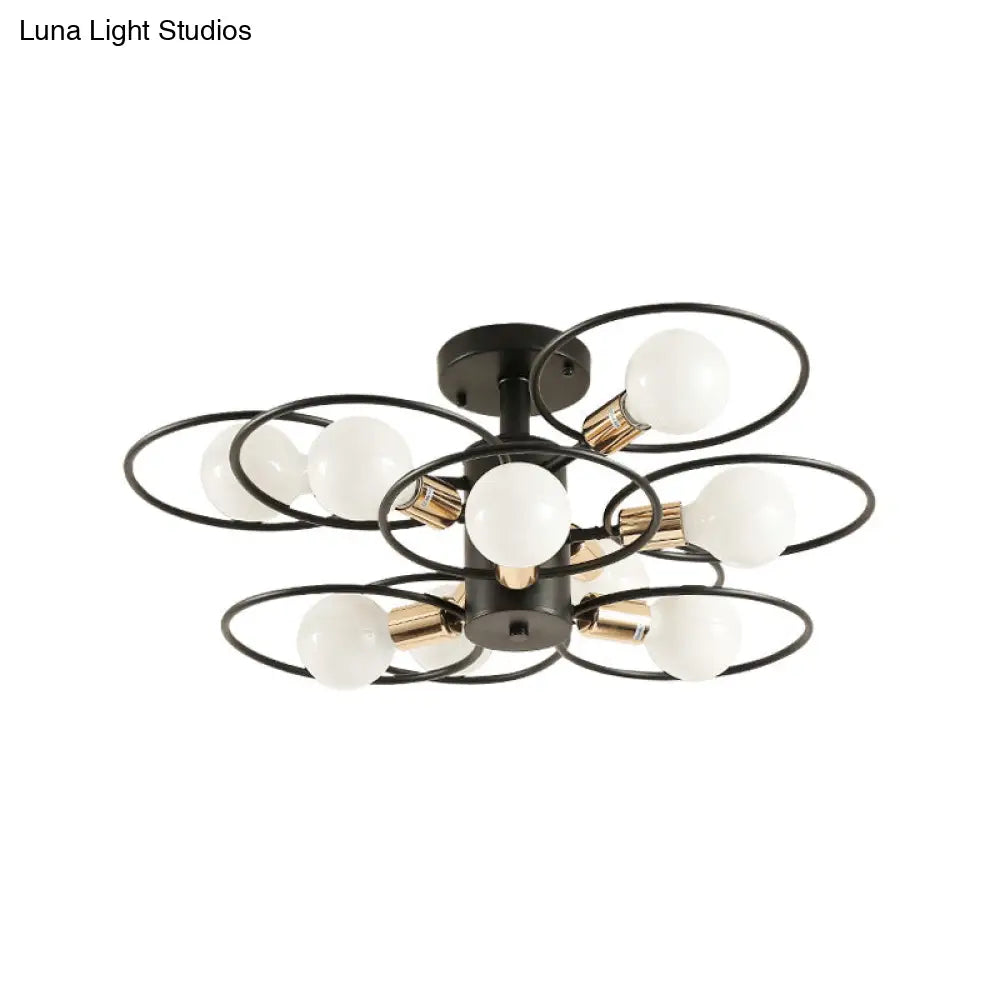 Traditional Metal Semi-Mount Ceiling Light Fixture Ring Bedroom Lighting 3/6/9 Lights Black