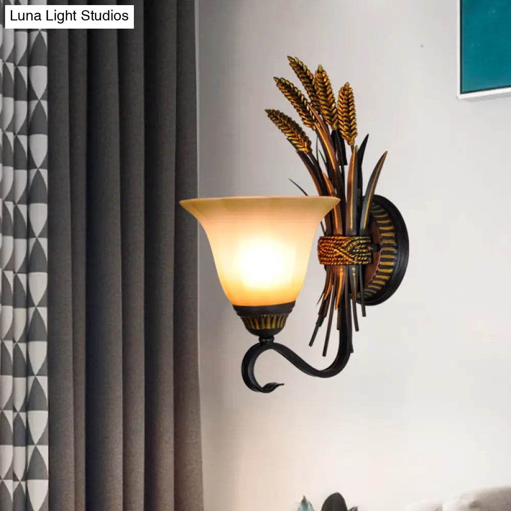 Traditional Milk Glass Brass Sconce Lamp Wall Mounted Wheat Spike Decor Flared Design - 1 Head Light