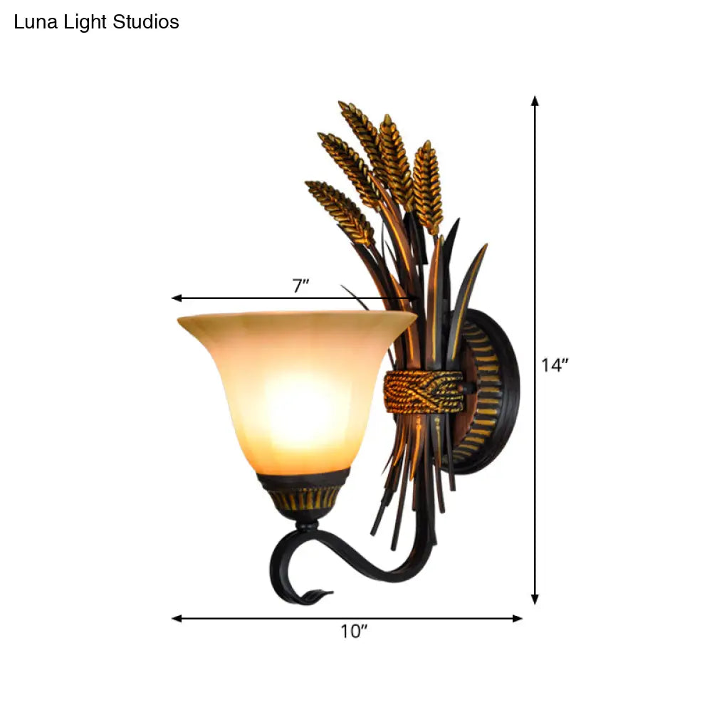Traditional Milk Glass Brass Sconce Lamp Wall Mounted Wheat Spike Decor Flared Design - 1 Head Light