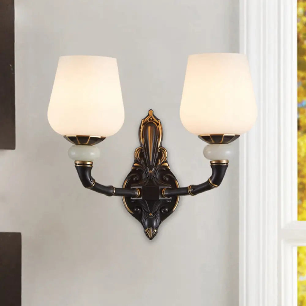Traditional Opal Glass Black And Gold Cup-Shape Wall Lamp - 1/2 Head Indoor Lighting 2 / Black-Gold