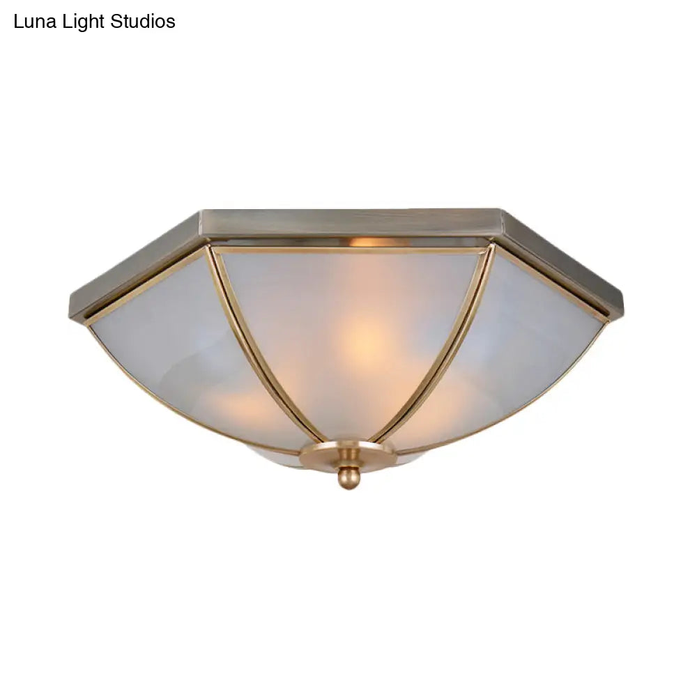 Traditional Opal Glass Ceiling Mounted Flush Mount Light Fixture With 3 Bulbs In Brass