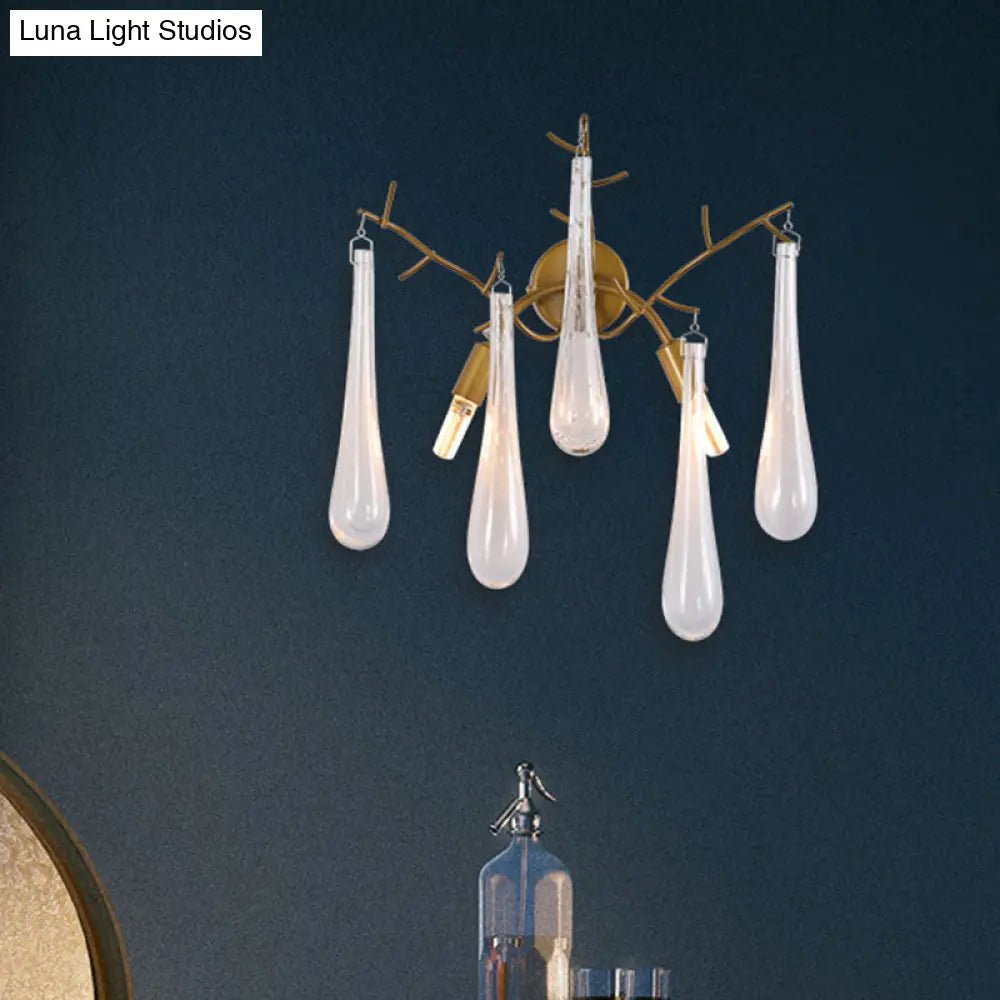 Traditional Raindrop 2-Head Wall Mount Lamp In Gold With Clear Glass - Sconce Light