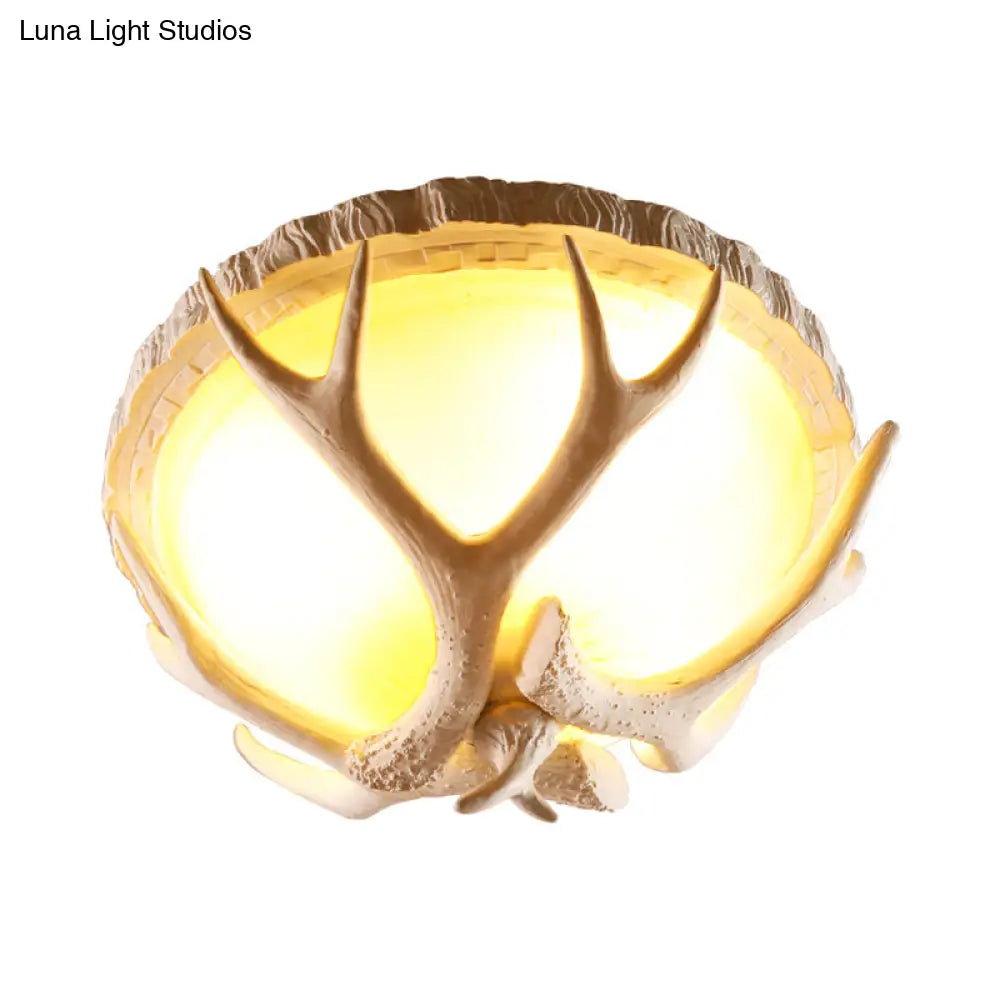 Traditional Resin 3 - Light Brown Ceiling Light Fixture With Antler Deco - Dome Shaped Flush Mount