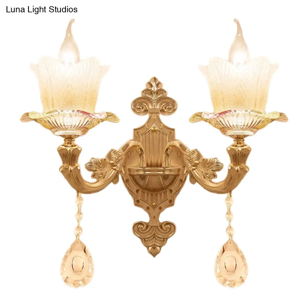 Traditional Scalloped Glass Wall Lamp With Frosted And Gold Sconce For Bedside