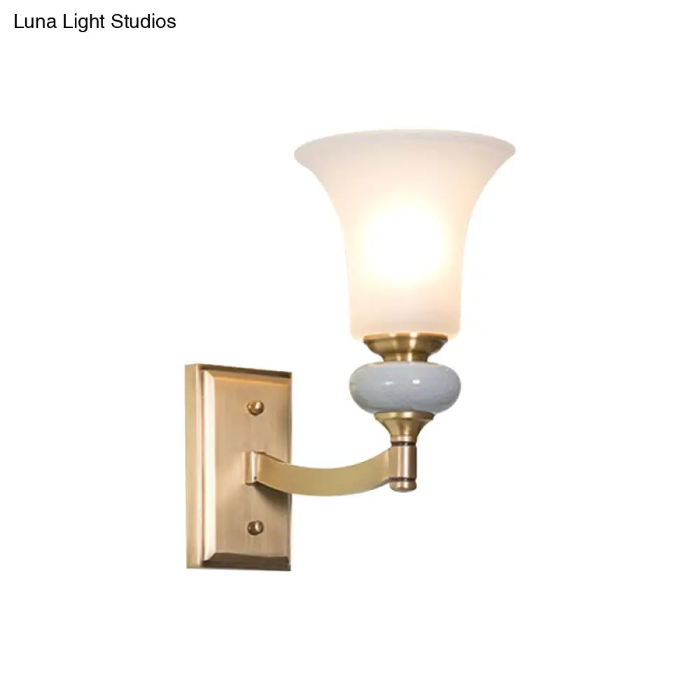 Traditional White Glass Bell Up Wall Mount Gold Lamp For Living Room