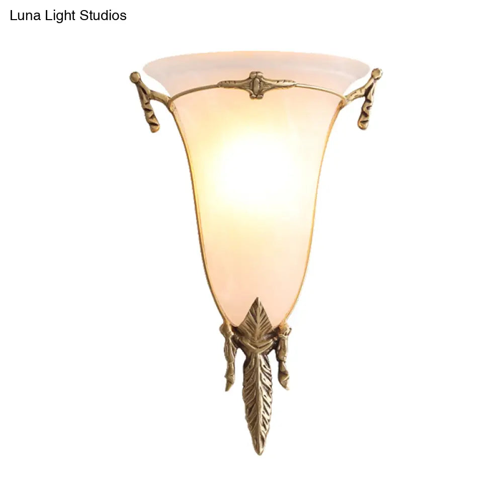 Traditional White Glass Cone Sconce Light - Brass Wall Lamp Fixture For Living Room