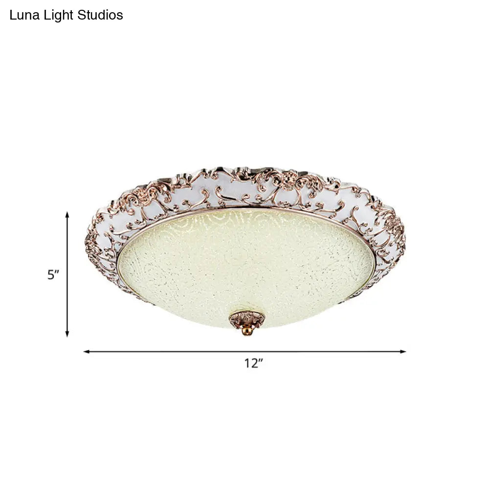 Traditional White Glass Led Flush Mount With Carved Trim – Bowl - Shaped Bedroom Beige Flushmount