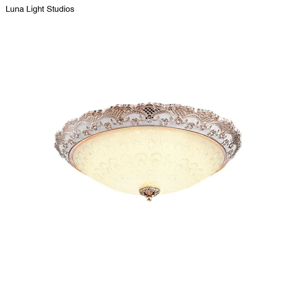 Traditional White Glass Led Flush Mount With Carved Trim – Bowl - Shaped Bedroom Beige Flushmount
