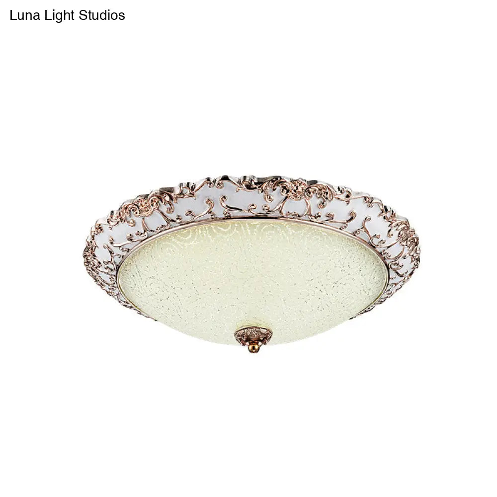 Traditional White Glass Led Flush Mount With Carved Trim – Bowl - Shaped Bedroom Beige Flushmount