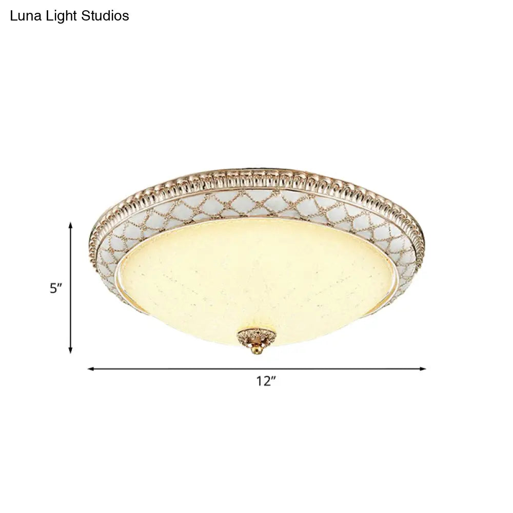 Traditional White Glass Led Flush Mount With Carved Trim – Bowl - Shaped Bedroom Beige Flushmount