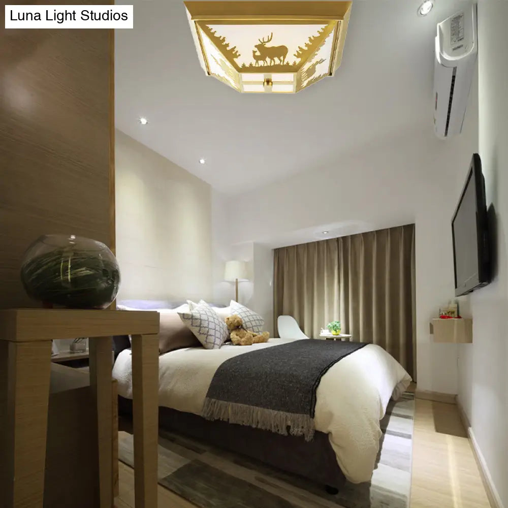 Trapezoid Brass Flush Mount Vintage Metal Ceiling Lamp With 4 Bulbs – Ideal For Living Room Lighting
