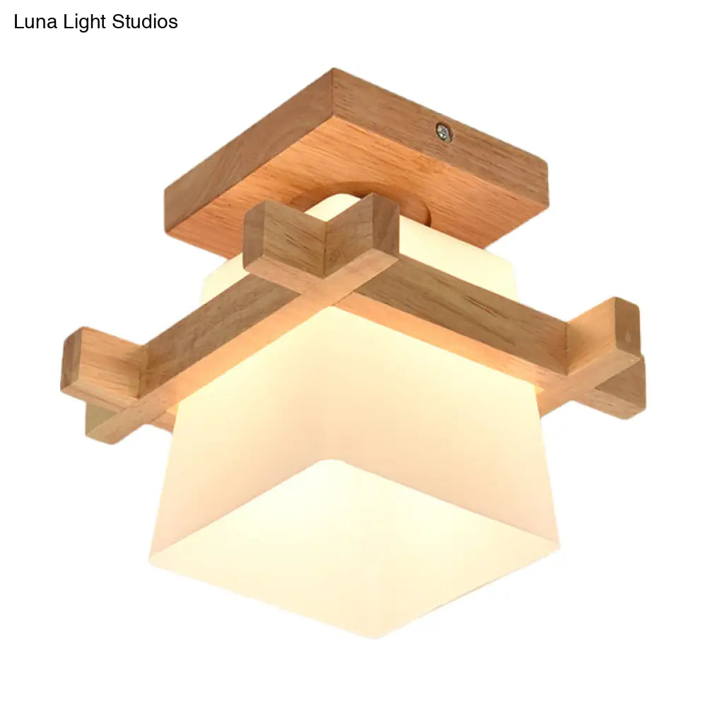 Trapezoid Opal Glass Pendant Light With Wood Deco – Japanese Style Ceiling Lamp For Bedroom