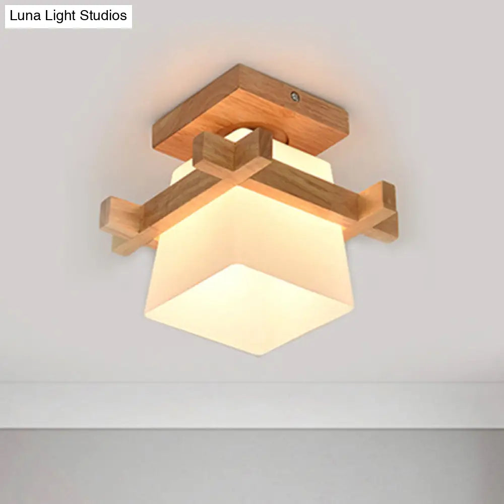Trapezoid Opal Glass Pendant Light With Wood Deco – Japanese Style Ceiling Lamp For Bedroom