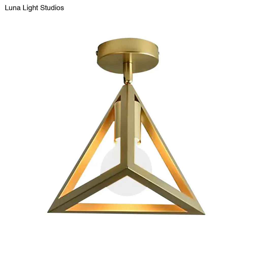 Triangle Brass Semi - Flush Bedroom Ceiling Lamp With Industrial Wire Frame