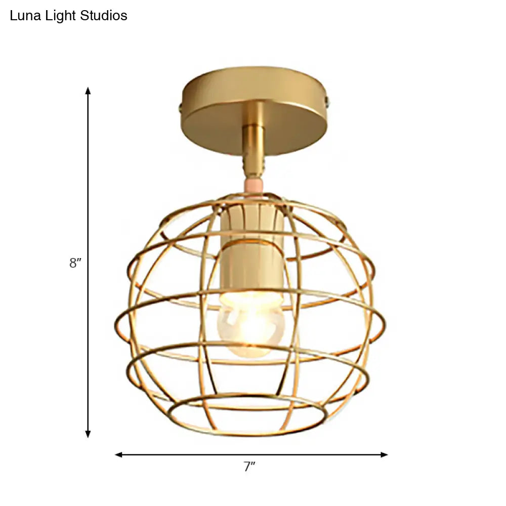 Triangle Brass Semi - Flush Bedroom Ceiling Lamp With Industrial Wire Frame