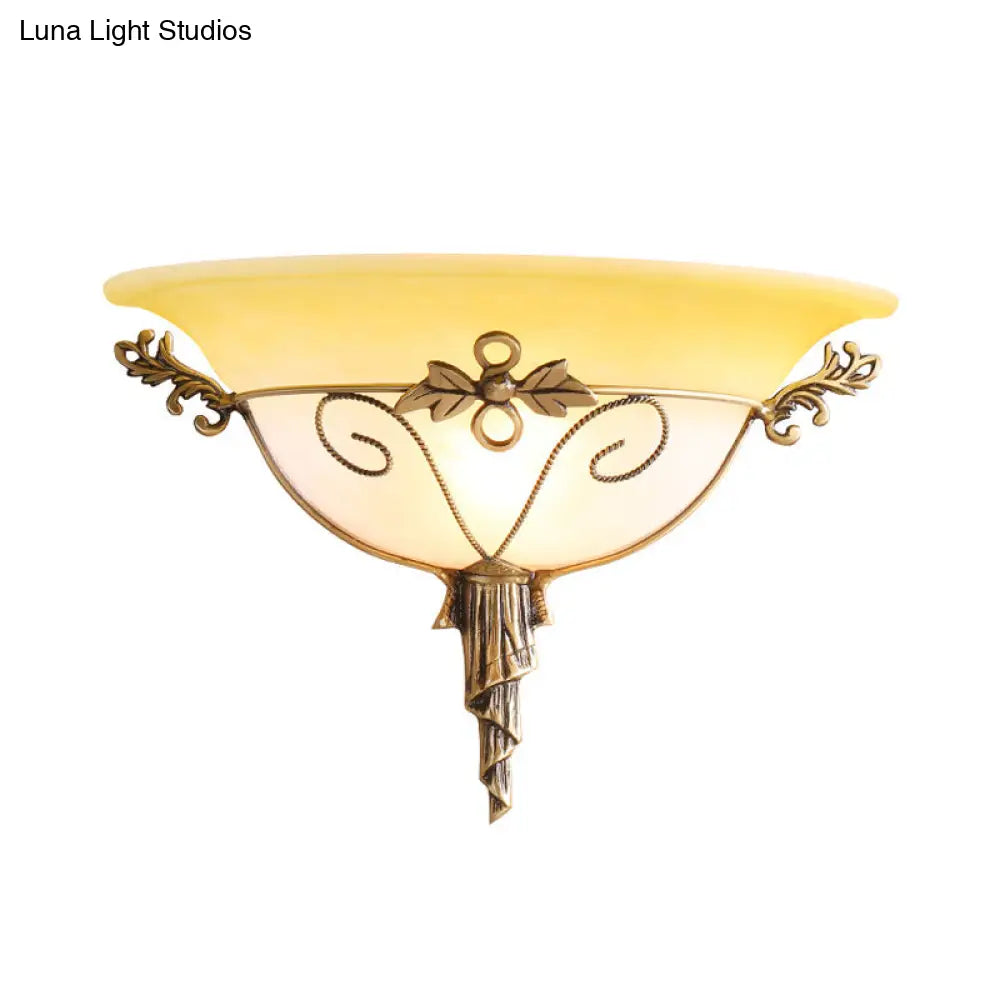 Trumpet Sconce With White/Yellow Glass And Leaf Deco For Stairway - Wall Mounted Light Fixture (1