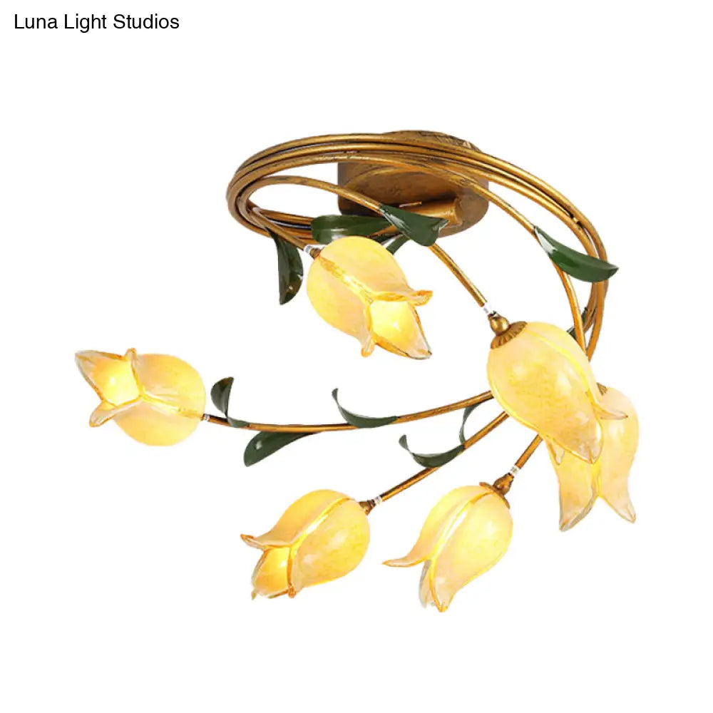 Tulip Ceiling Light: 6 - Bulb Led Semi Flush Mount In Brass For Living Room