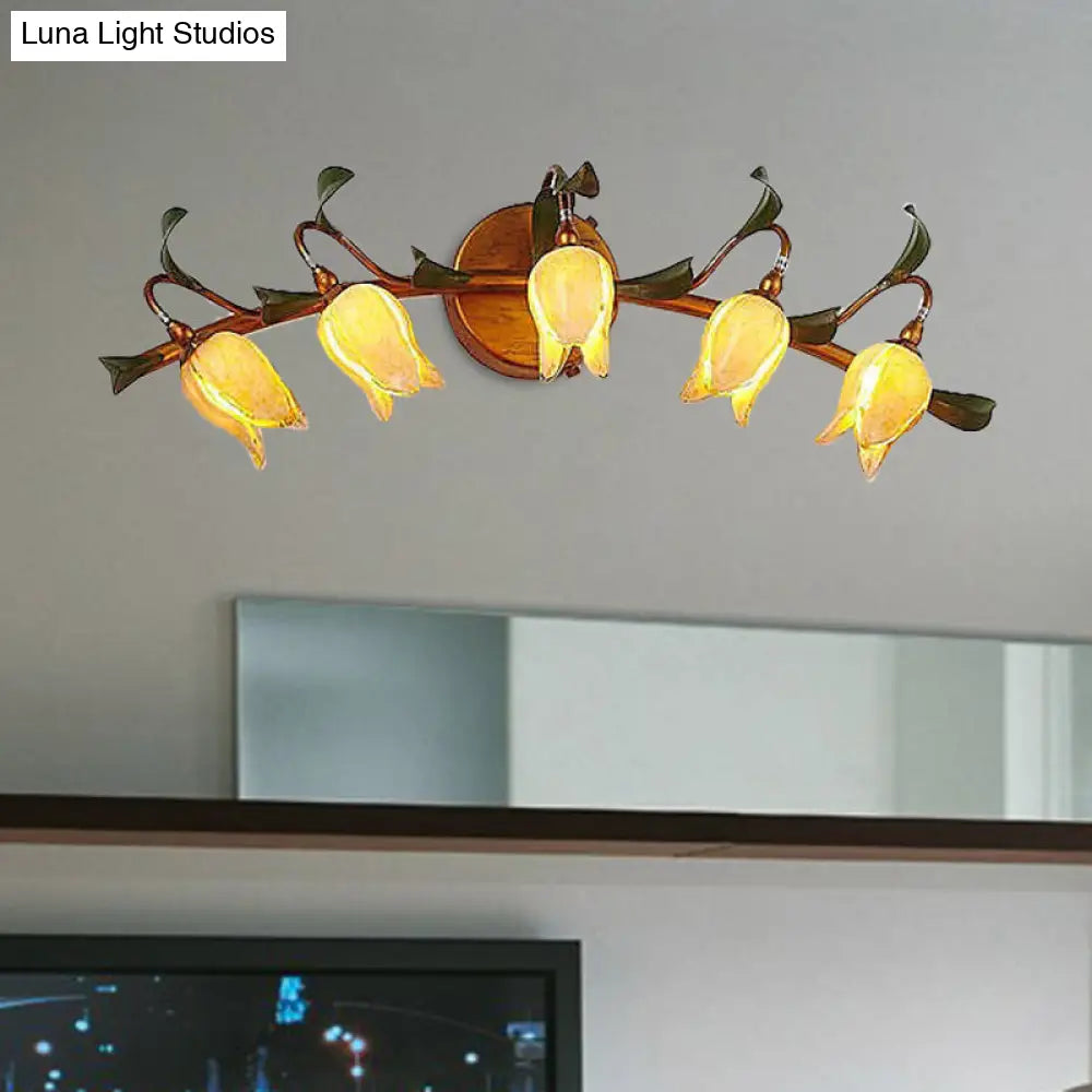 Tulip Vanity Lamp - 5-Headed Led Wall Sconce In Red/Yellow For Bathroom