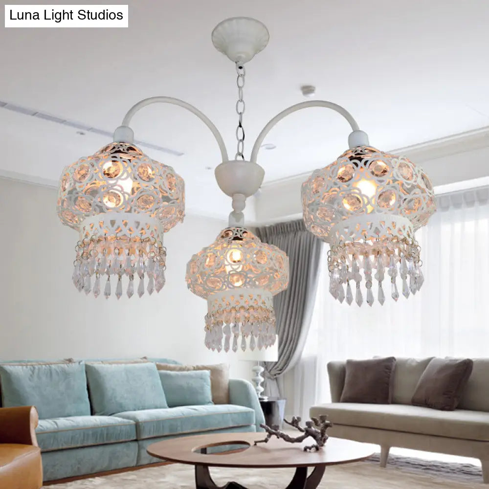 Turkish Beaded Lantern Chandelier - 3 Head White/Red Acrylic Hollowed-Out Ceiling Light For Dining