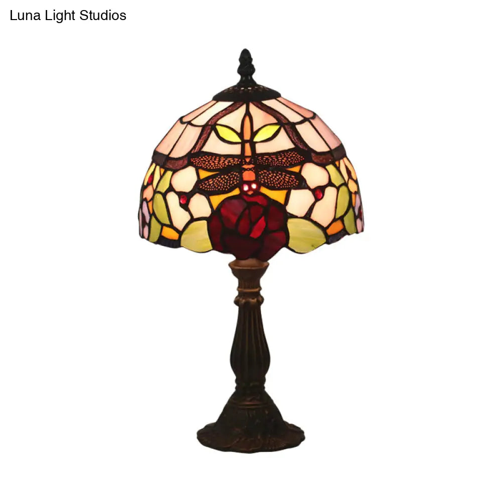 Victorian Dragonfly And Floral Patterned Table Lamp - Stained Glass Red/Orange Dome Shade With
