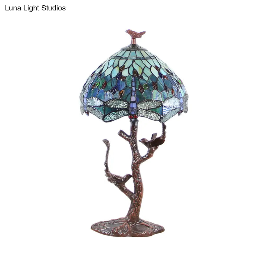 Victorian Dragonfly Stained Art Glass Night Light Lamp With Domed Shade And Bird Deco - 1 Head