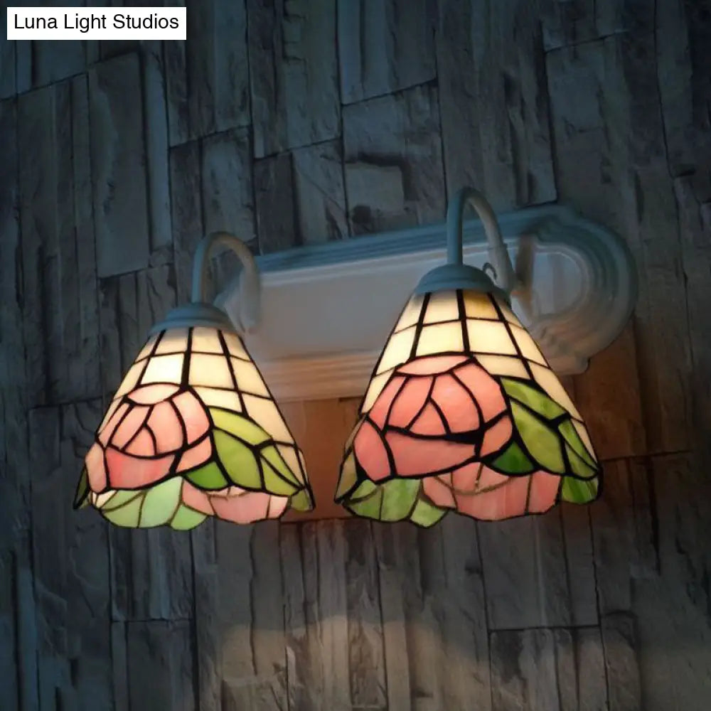 Victorian Pink Rose Wall Sconce Light With Stained Glass - 2 Heads Multicolor Lighting