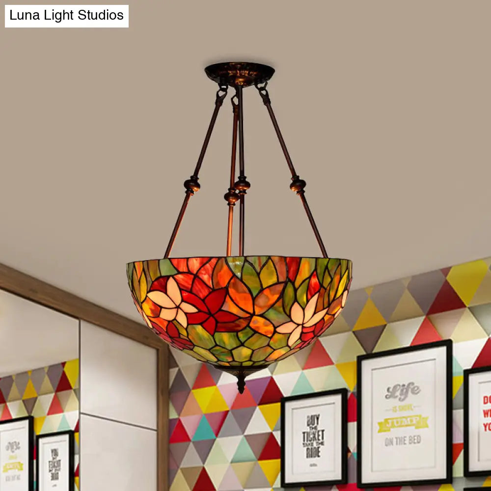 Victorian Stained Glass Ceiling Light With 3 Blossom Semi-Flush Mount Lights In Red/Orange/Green