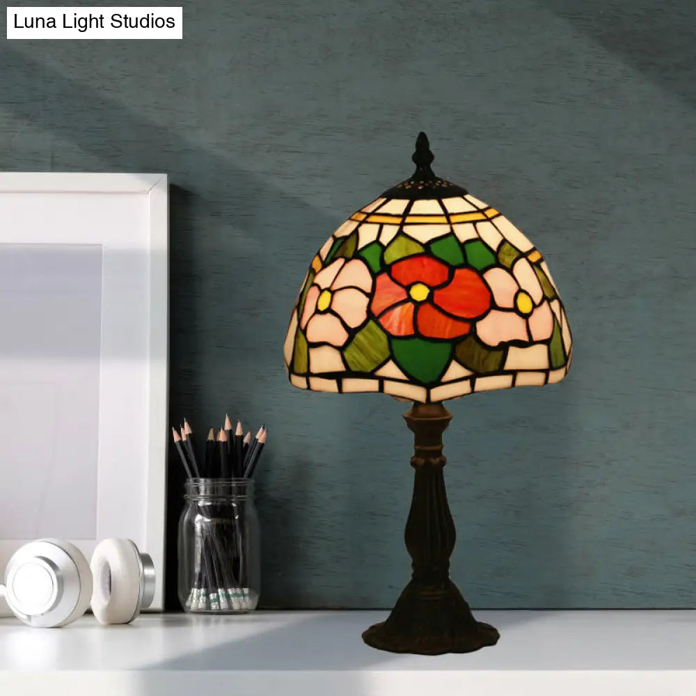 Victorian Stained Glass Pink/Purple Rose Night Lamp With Dome Shade - 1 Light Table Lighting