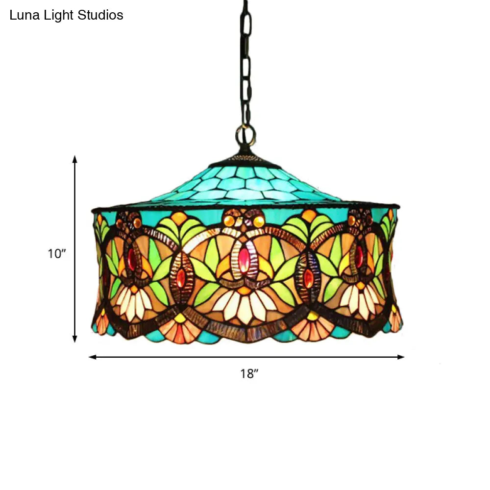 Victorian-Style Stained Glass Drum Pendant Light For Living Room - 18’ W