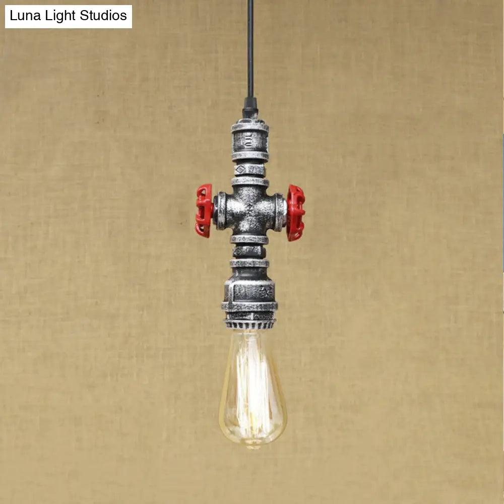Vintage 1-Head Metal Pendant Light With Exposed Bulb - Antique Black/Silver Finish For Restaurant