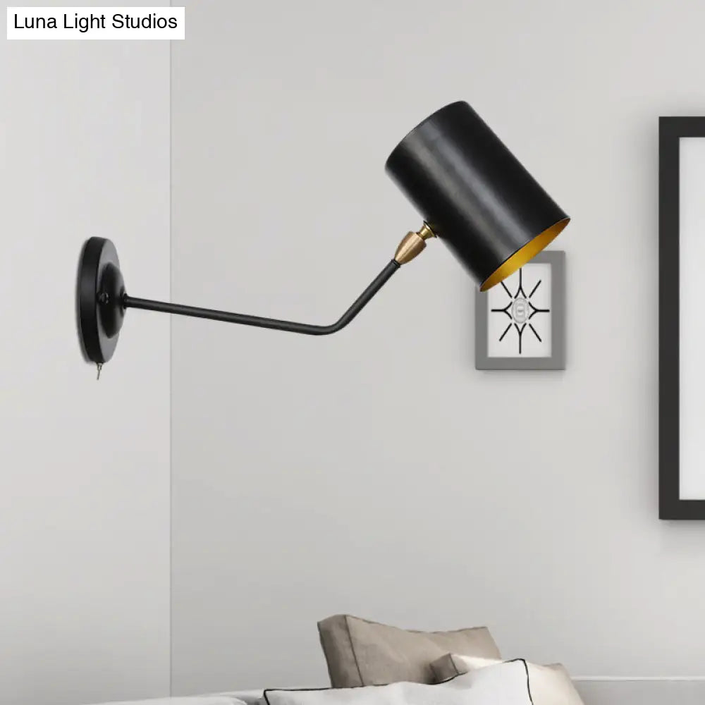 Vintage 1-Light Wall Mount Iron Sconce Lamp In Black With Cylinder Shade - Ideal For Study Room