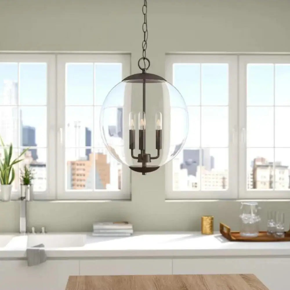 Vintage 3-Light Pendant With Clear Glass Globe Shade - Black/Chrome/Gold Perfect For Dining Room