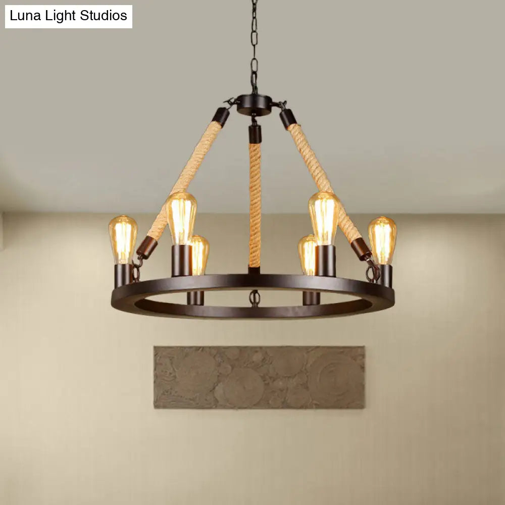 Vintage 6/8-Light Metallic Circular Hanging Lamp In Brown With Exposed Bulb & Rope Suspension For