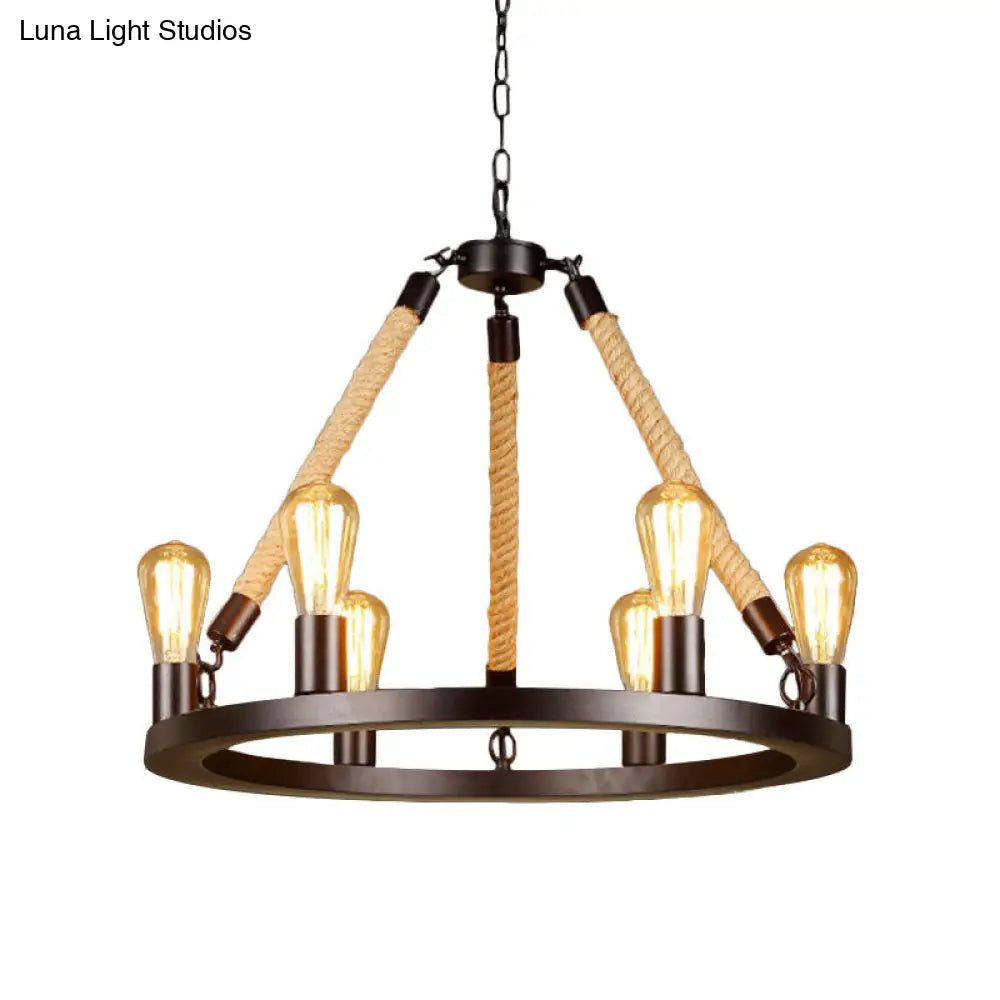 Vintage 6/8-Light Metallic Circular Hanging Lamp In Brown With Exposed Bulb & Rope Suspension For