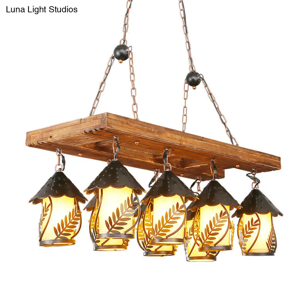 Vintage 8-Light Island Pendant Chandelier In Black: Rectangle White Fabric & Clear Glass