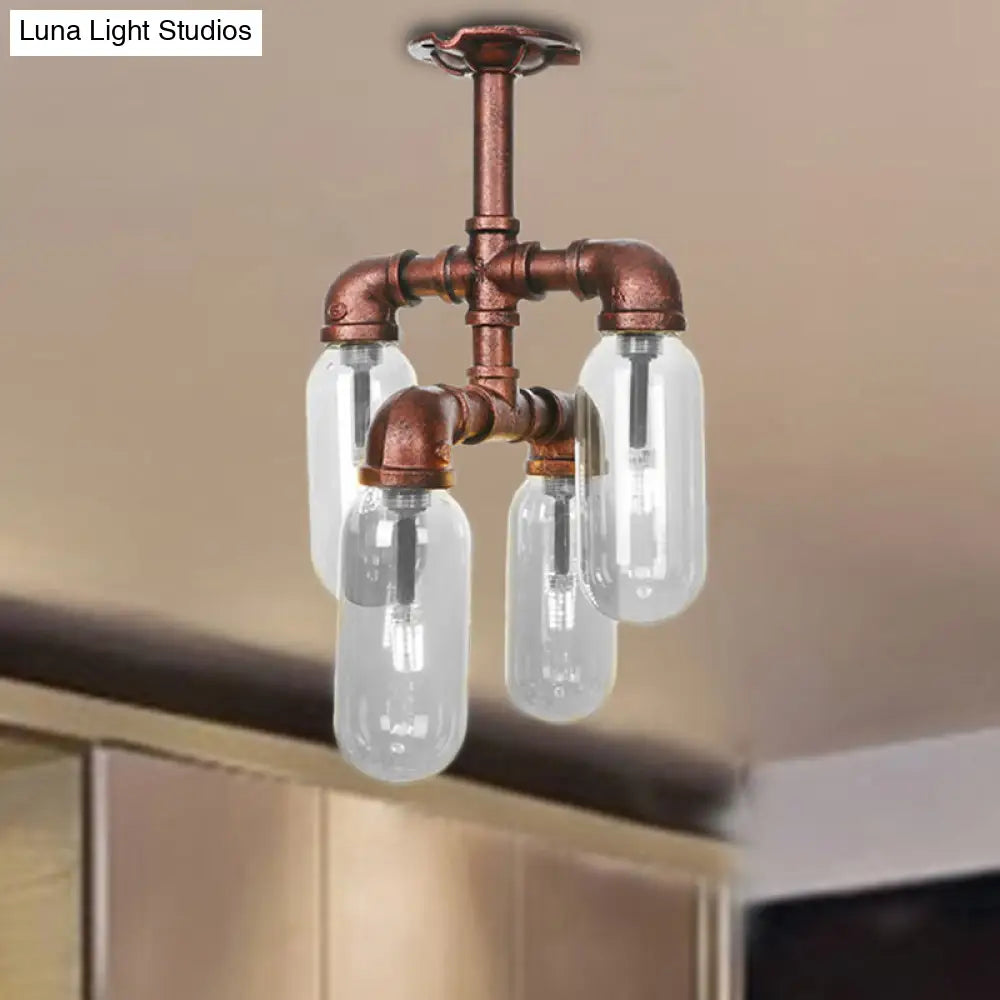 Vintage Antique Copper Sputnik Semi Flush Light With Clear Glass - 4/6 Dining Room Ceilng Fixture