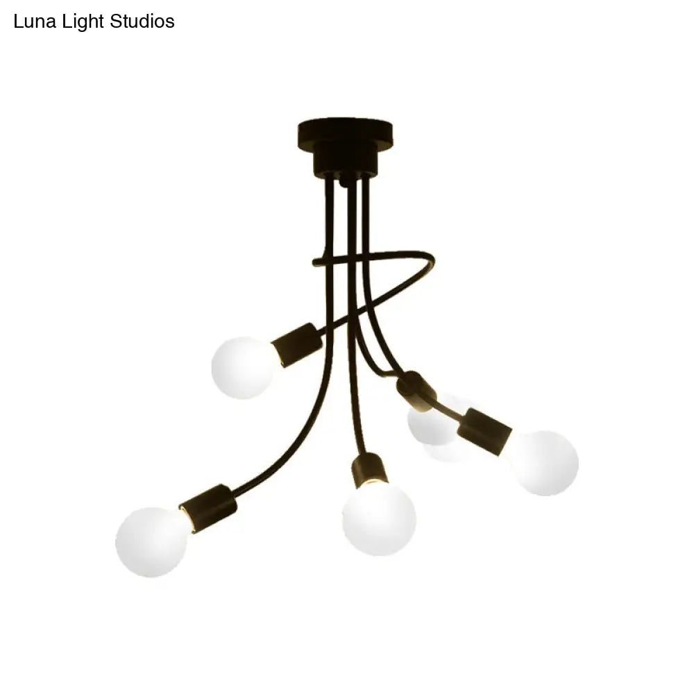 Vintage Bare Bulb Ceiling Light - Black/Gold Metallic Semi Flush With Curved Arm For Bedroom