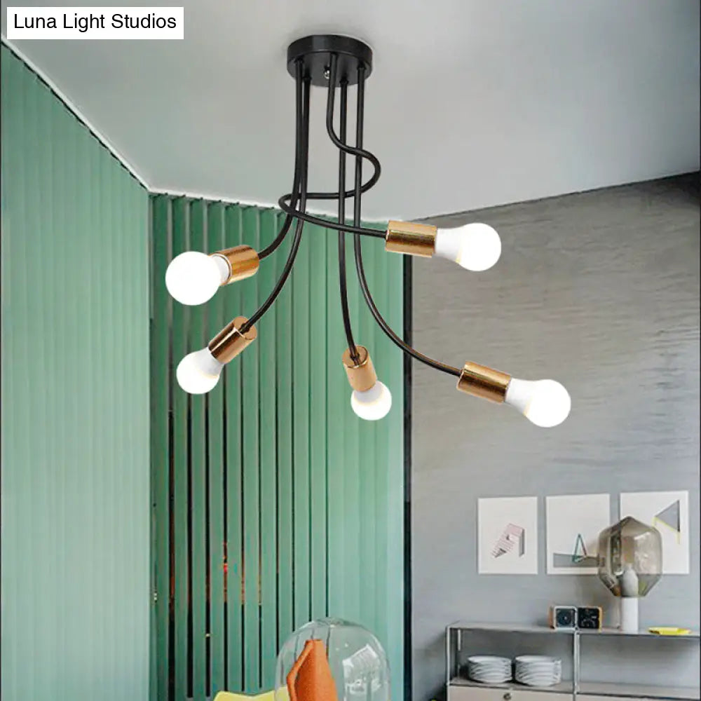 Vintage Bare Bulb Ceiling Light - Black/Gold Metallic Semi Flush With Curved Arm For Bedroom