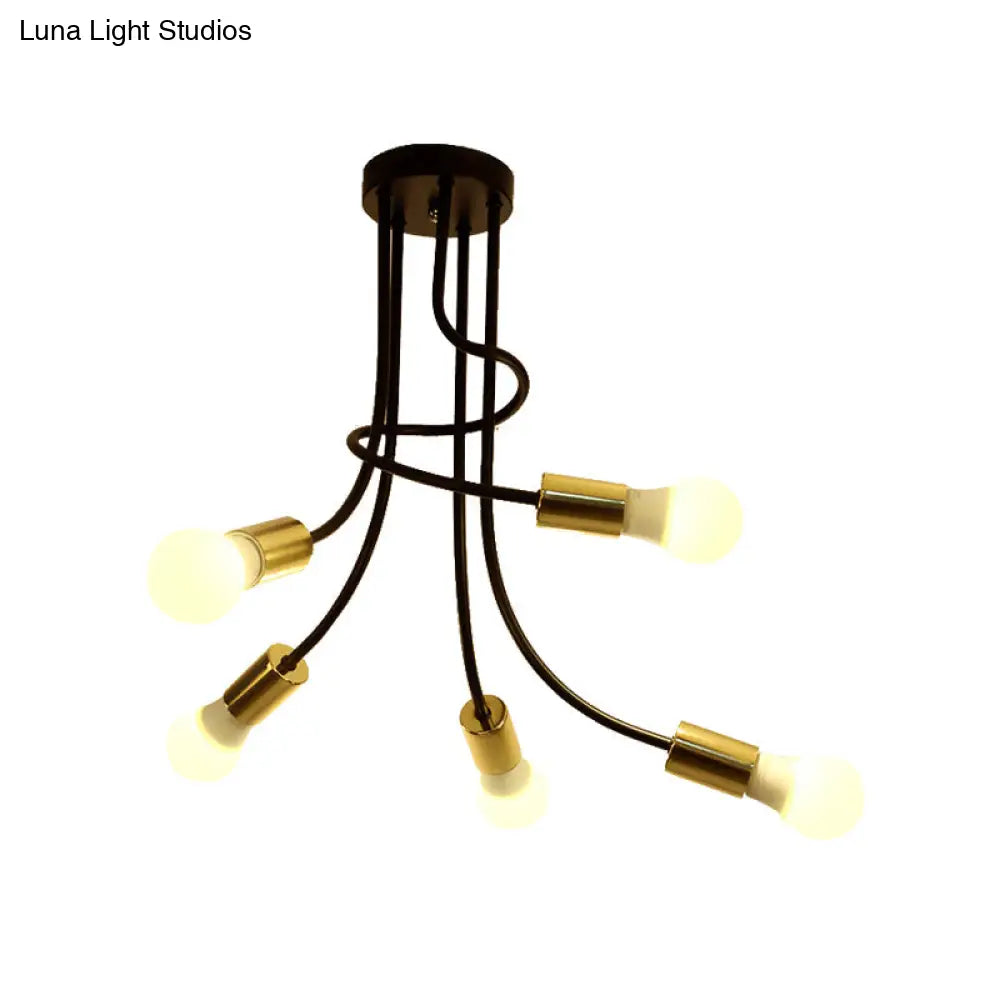 Vintage Bare Bulb Ceiling Light - Black/Gold Metallic Semi Flush With Curved Arm For Bedroom