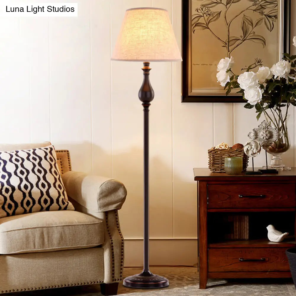 Vintage Barrel Fabric Standing Lamp With 1 Bulb - Apricot Floor Lighting For Drawing Room