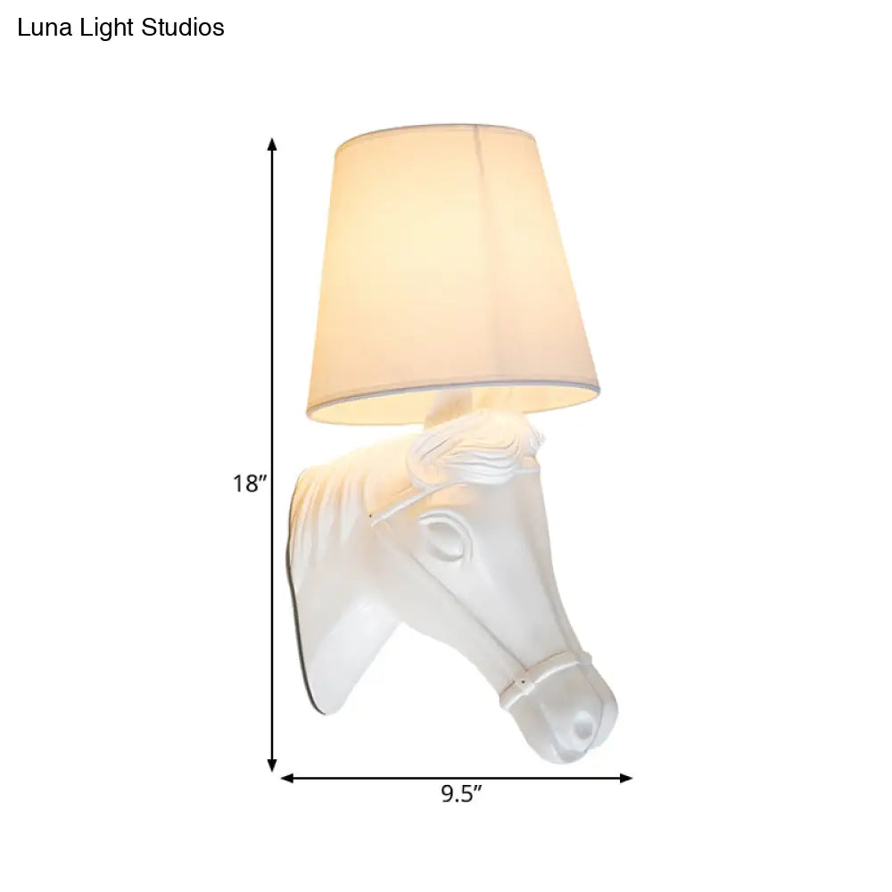 Vintage Barrel Sconce Wall Light With Horse Head Design - White Fabric Lamp Shade 1 Bulb