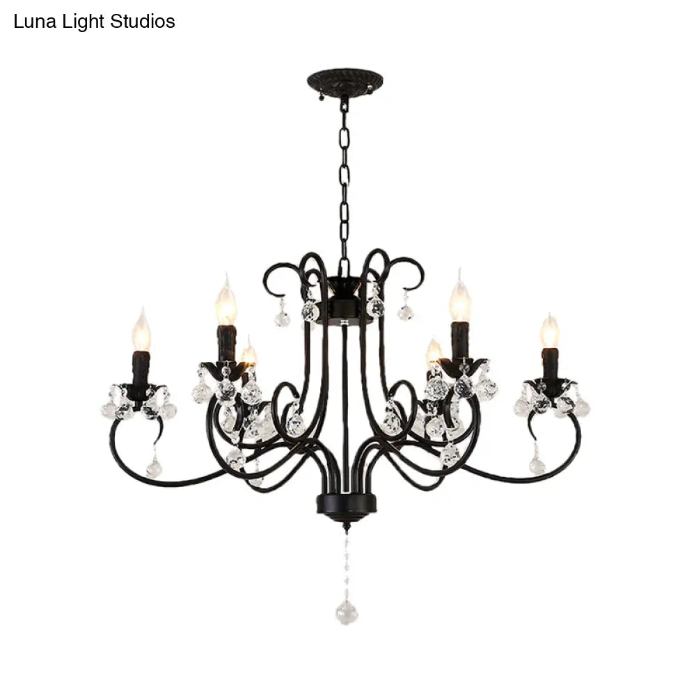 Vintage Bent Arm Frame Ceiling Light - 6/8 Black Lights With Crystal Drop For Living Room