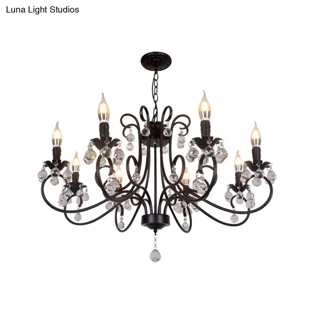 Vintage Bent Arm Frame Ceiling Light - 6/8 Black Lights With Crystal Drop For Living Room