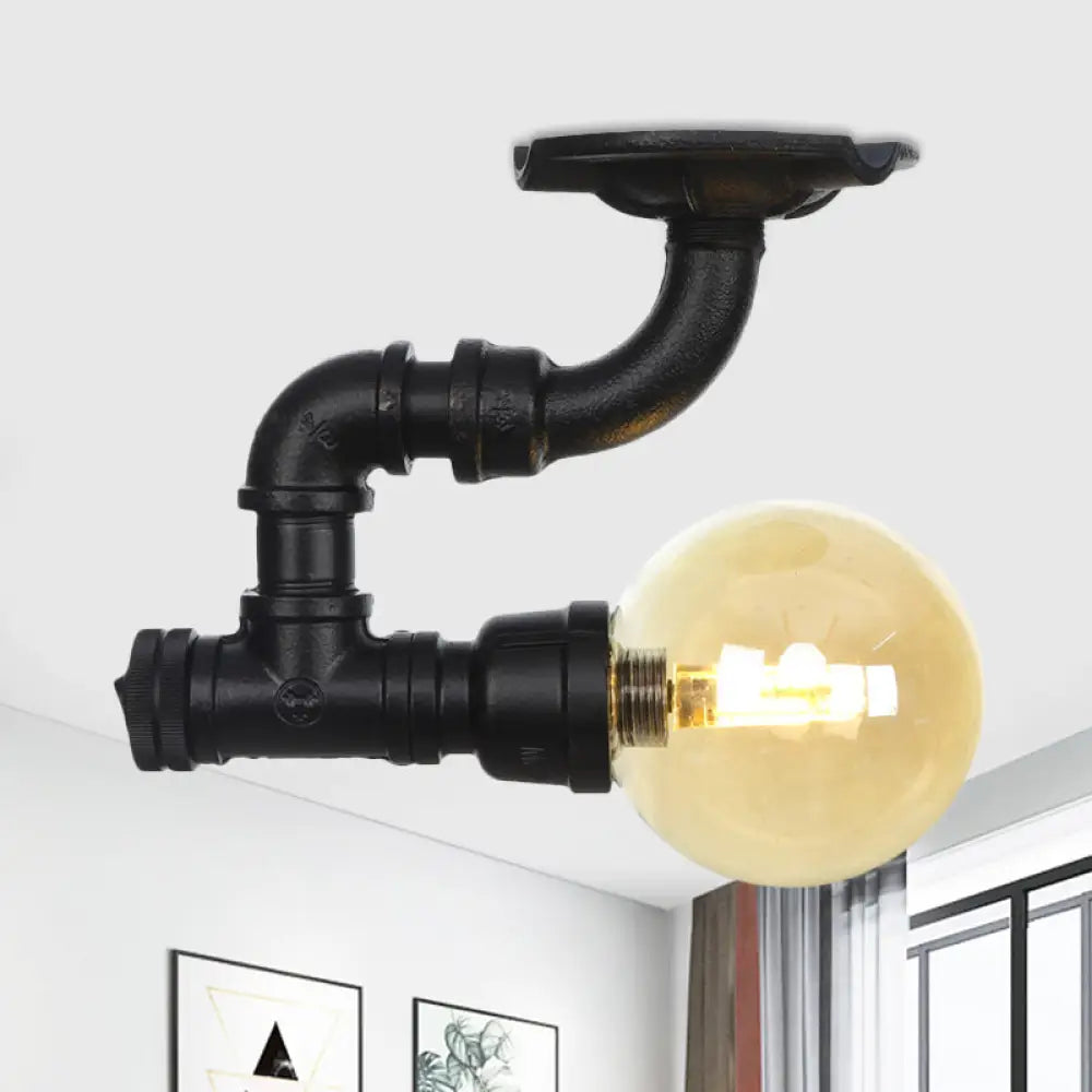 Vintage Black 1 - Light Ball Semi Flush Mount Ceiling Lamp With Amber Glass Finish / B