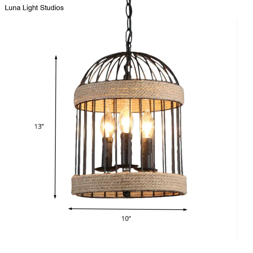 Vintage Black Birdcage Ceiling Light With Chain - Metal And Rope Hanging Lamp For Dining Room