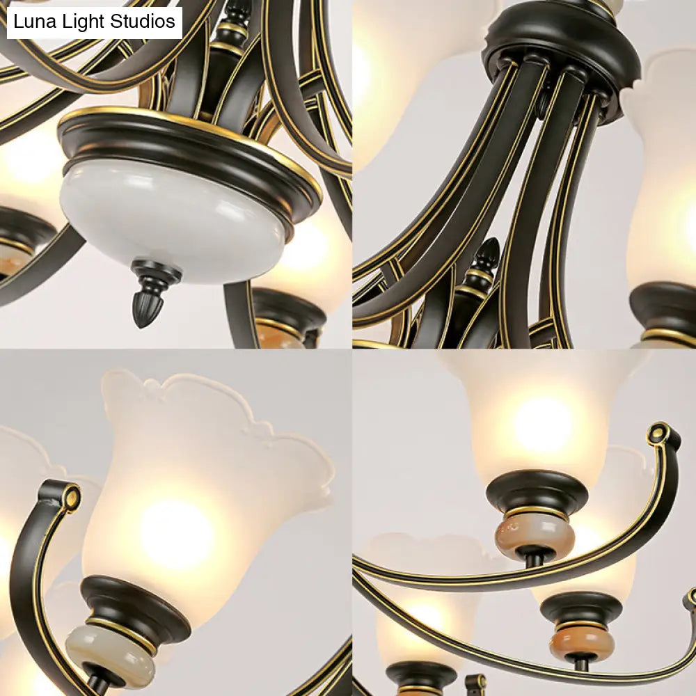 Vintage Black Chandelier: Flower White Glass Ceiling Light 3/6/8 Lights For Bedroom Fixture