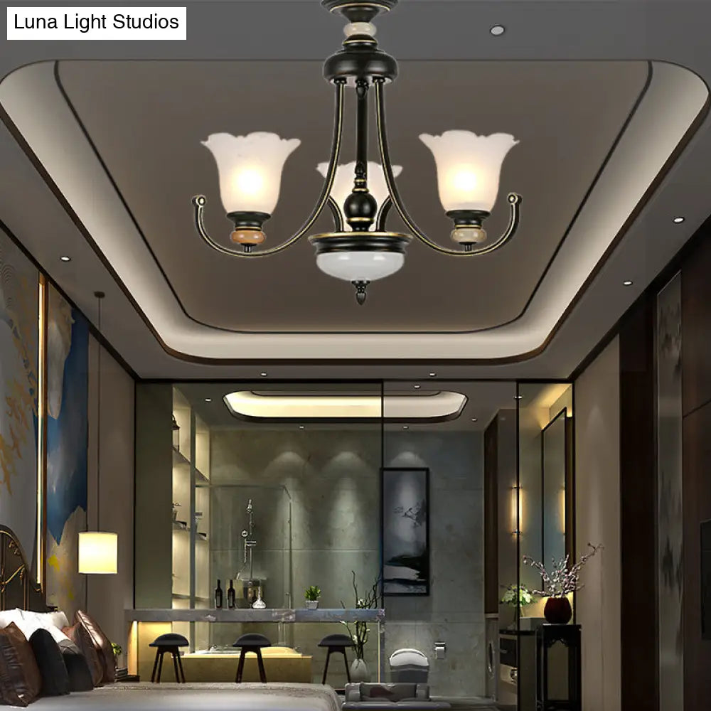 Vintage Black Chandelier: Flower White Glass Ceiling Light 3/6/8 Lights For Bedroom Fixture