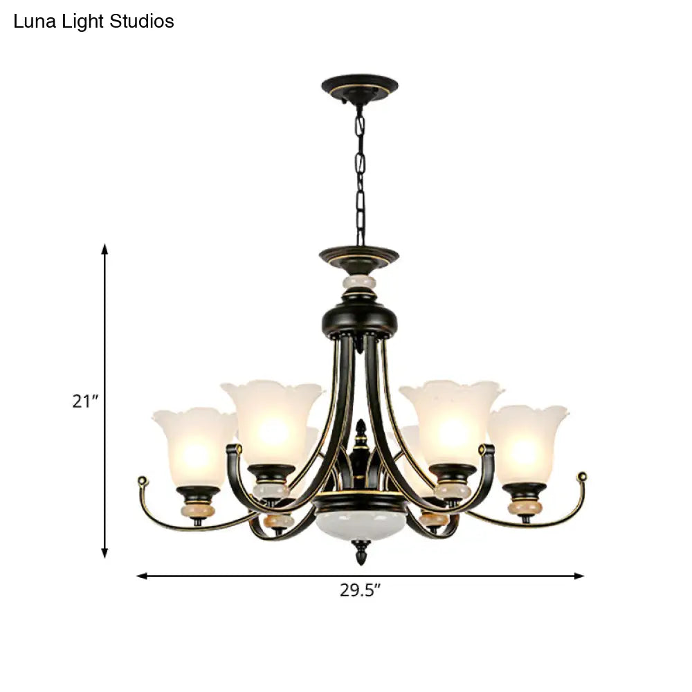 Vintage Black Chandelier: Flower White Glass Ceiling Light 3/6/8 Lights For Bedroom Fixture